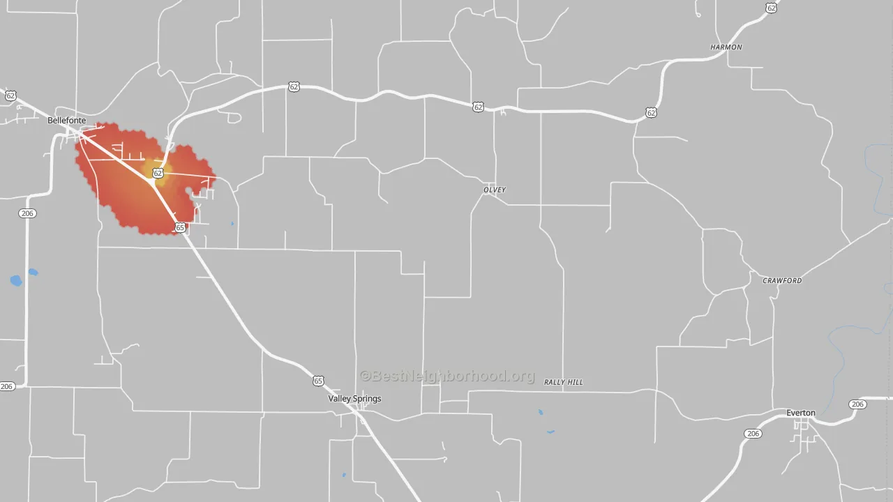 Walk Grade map of Olvey, AR, walkable areas in green and car-dependent areas in red