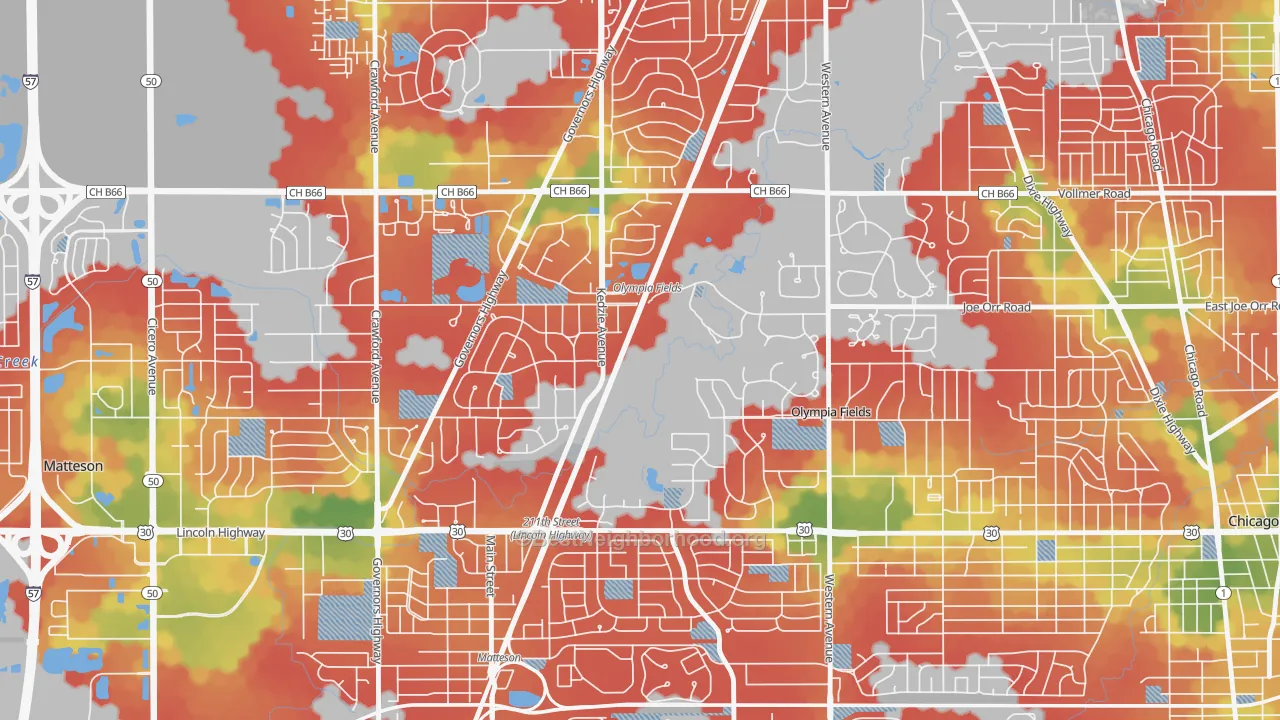 Walk Grade map of Olympia Fields, IL, walkable areas in green and car-dependent areas in red