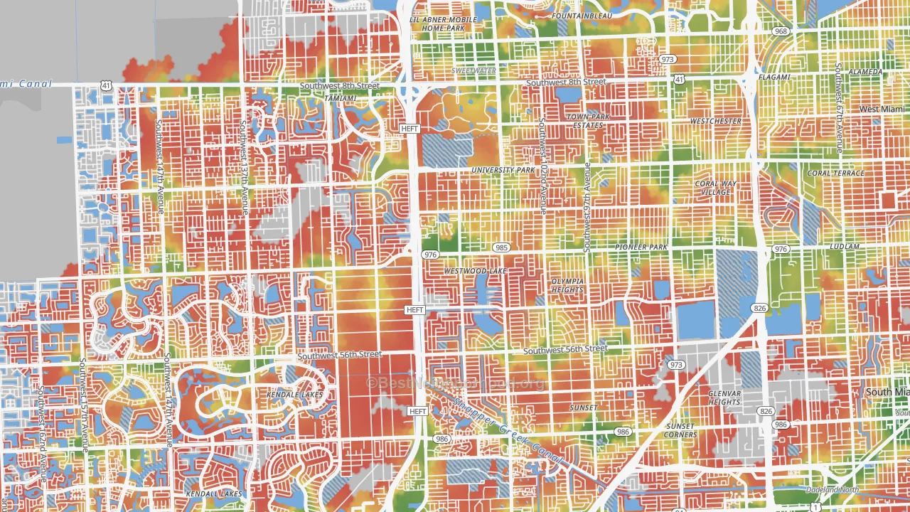 Walk Grade map of Olympia Heights, Miami, FL, walkable areas in green and car-dependent areas in red