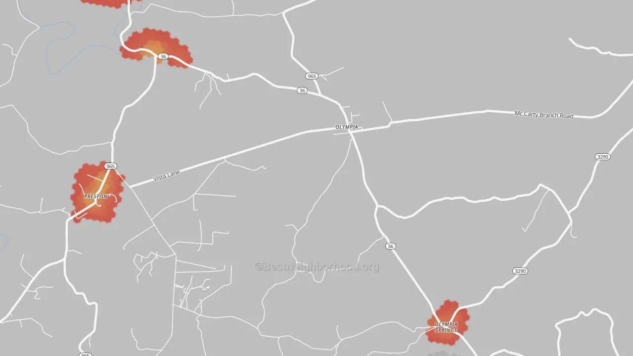 Walk Grade map of Olympia, KY, walkable areas in green and car-dependent areas in red