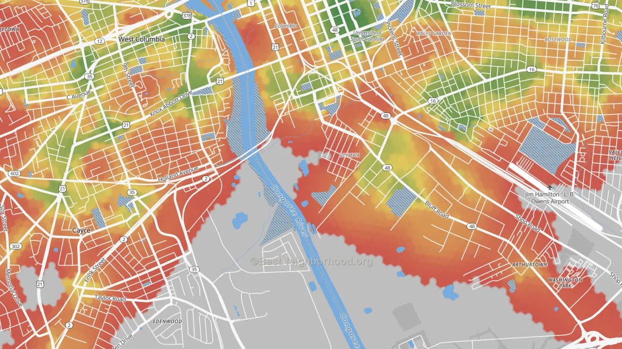 Walk Grade map of Olympia, SC, walkable areas in green and car-dependent areas in red
