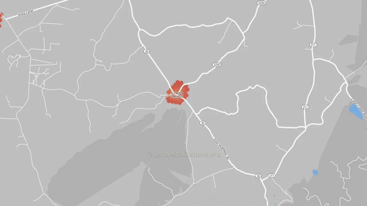 Walk Grade map of Olympia Springs, KY, walkable areas in green and car-dependent areas in red