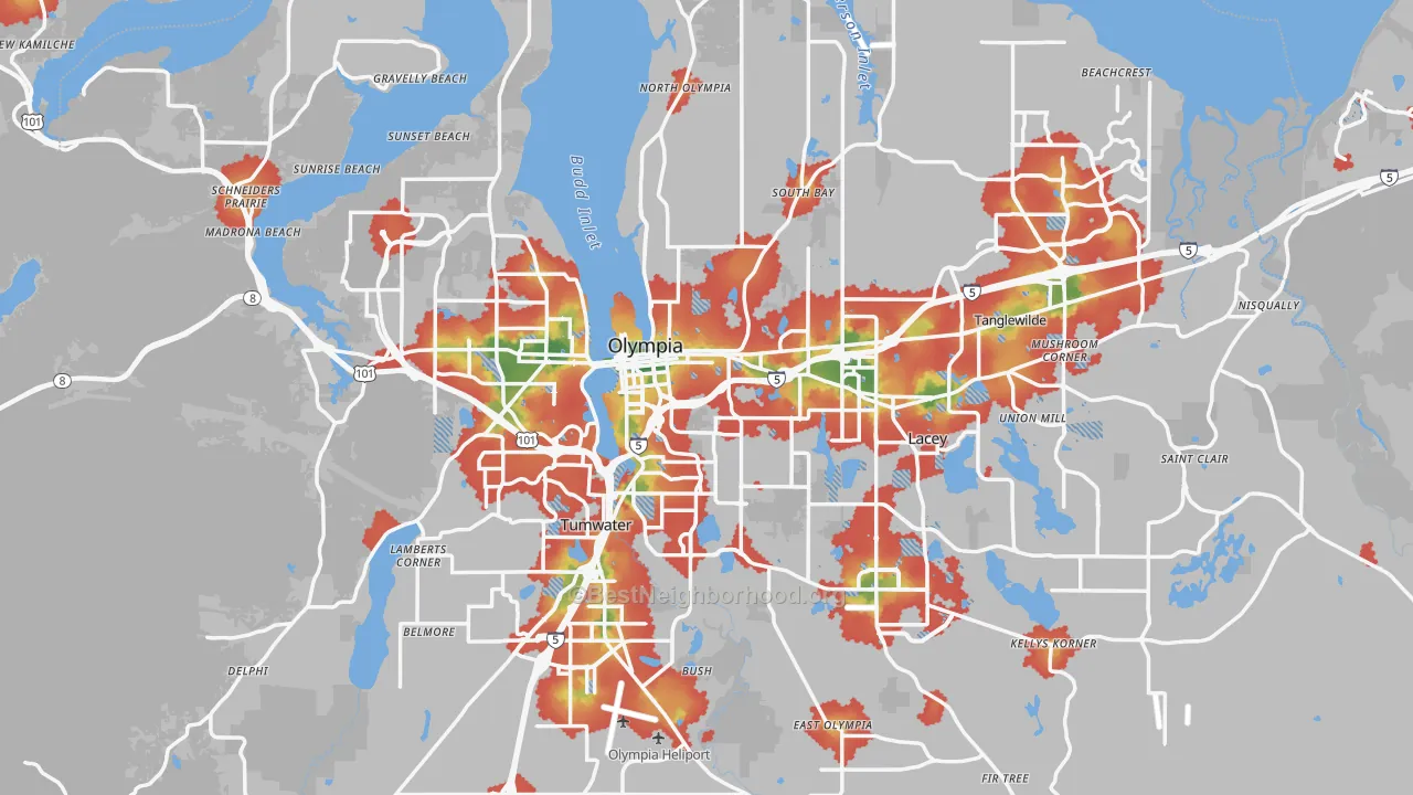 Walk Grade map of Olympia, WA, walkable areas in green and car-dependent areas in red