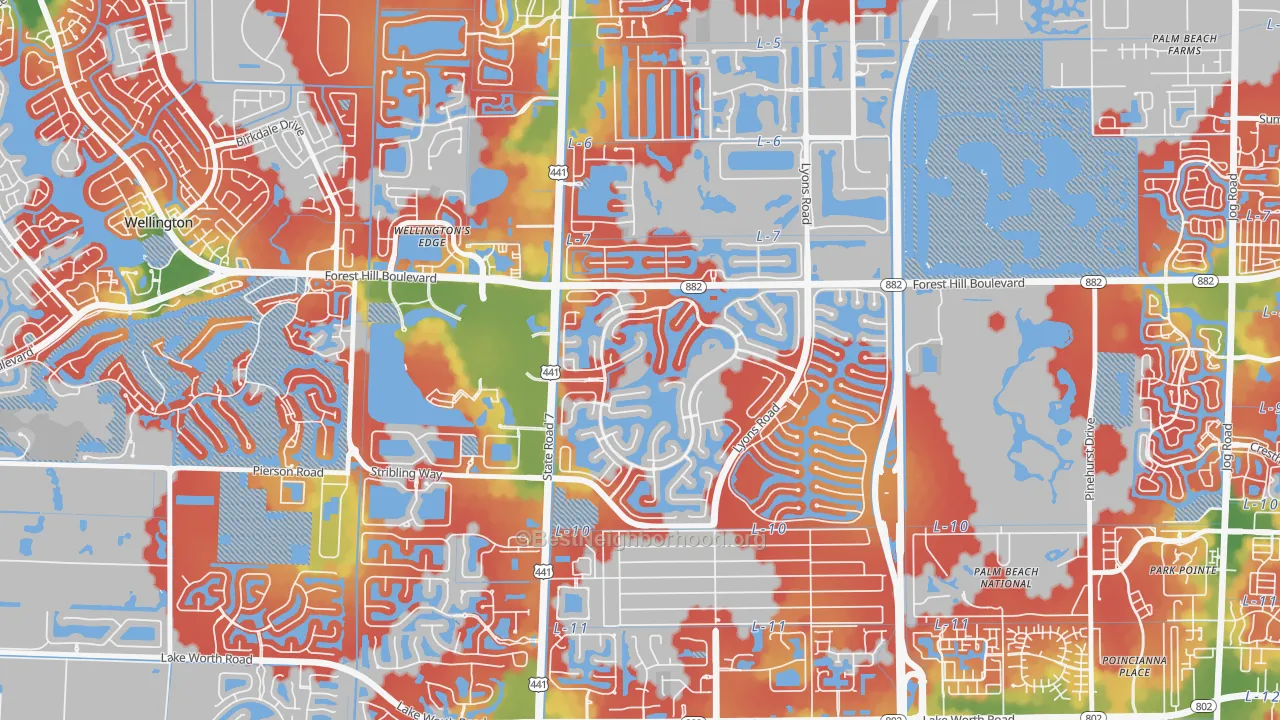 Walk Grade map of Olympia, Wellington, FL, walkable areas in green and car-dependent areas in red