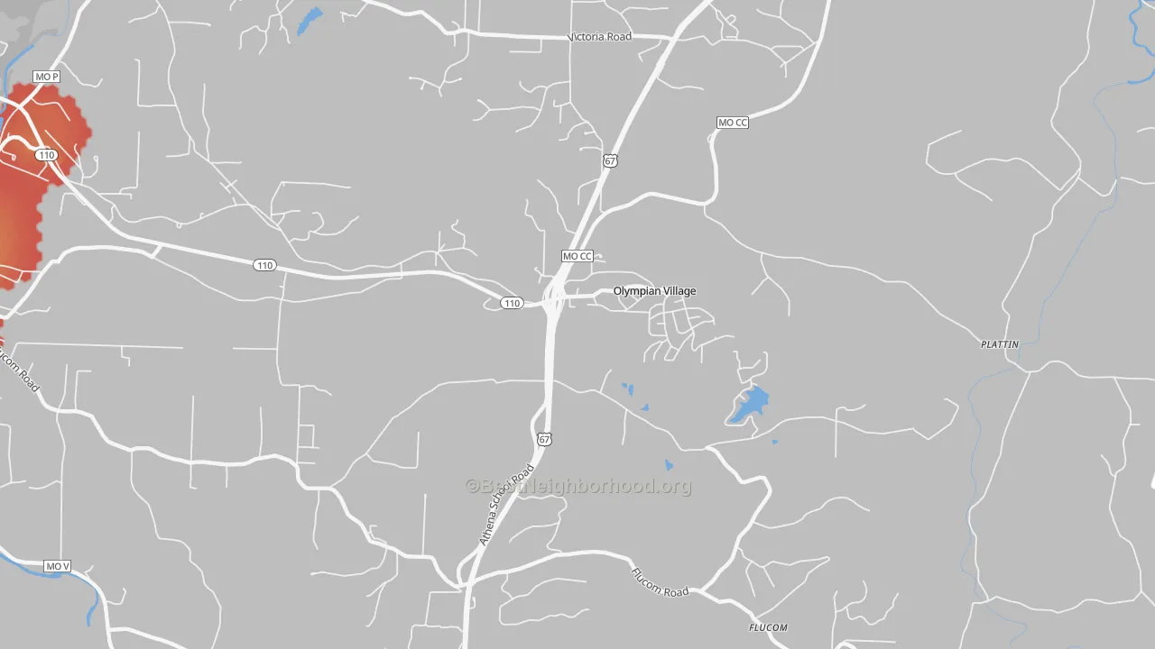 Walk Grade map of Olympian Village, MO, walkable areas in green and car-dependent areas in red