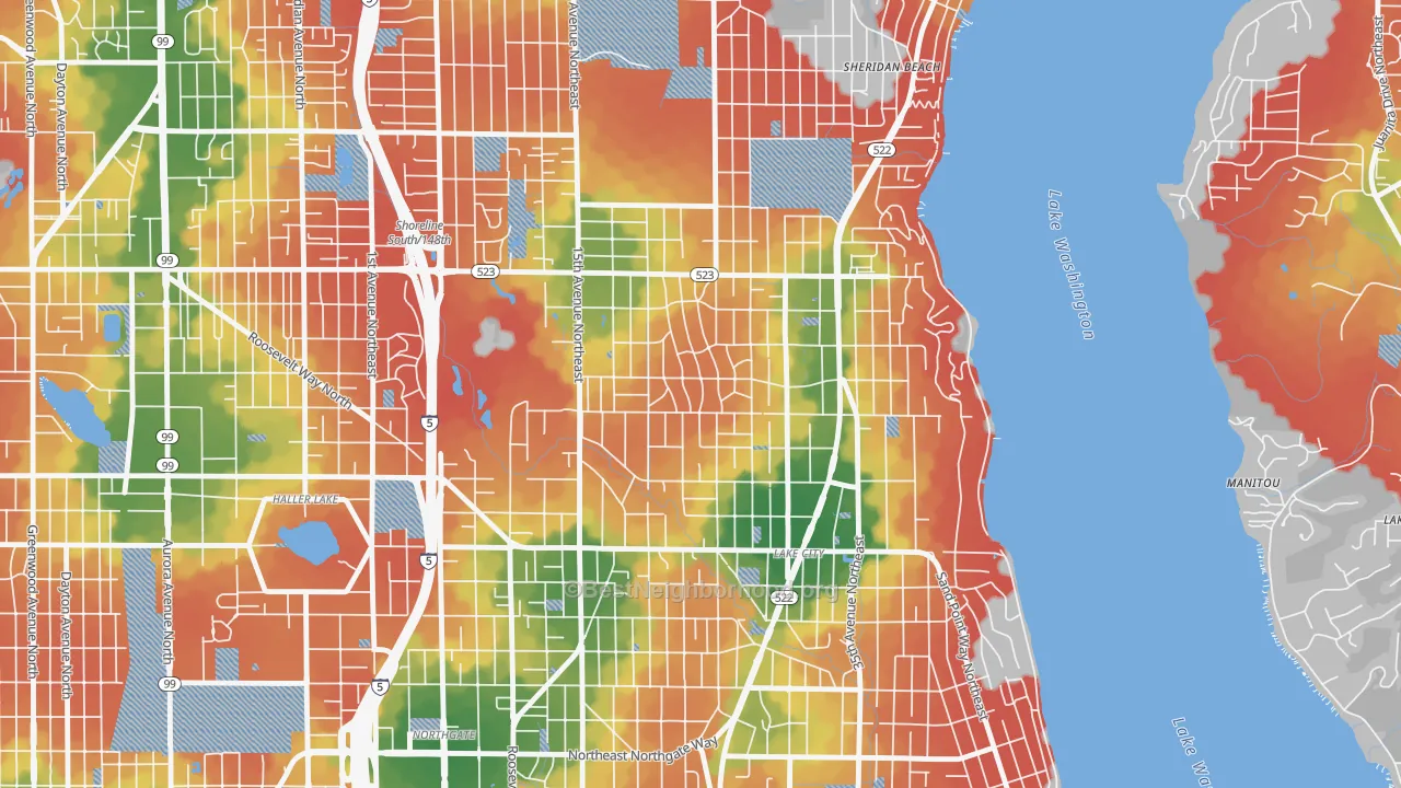 Walk Grade map of Olympic Hills, Seattle, WA, walkable areas in green and car-dependent areas in red