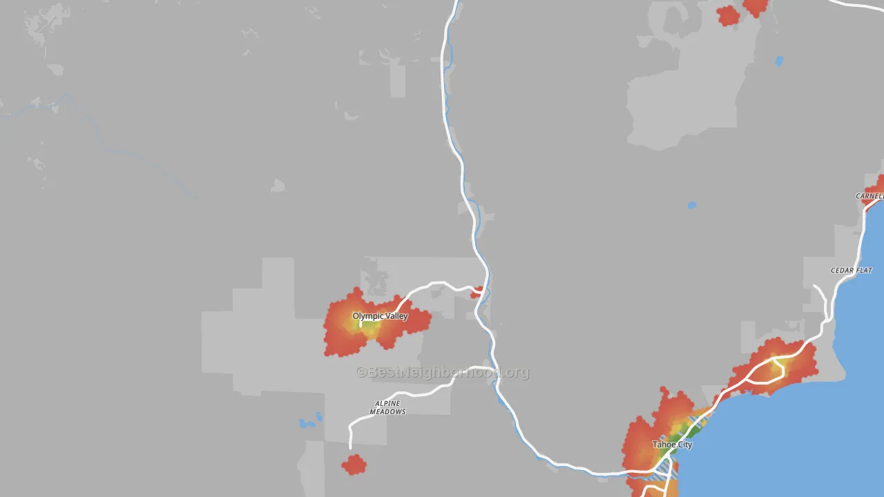 Walk Grade map of Olympic Valley, CA, walkable areas in green and car-dependent areas in red