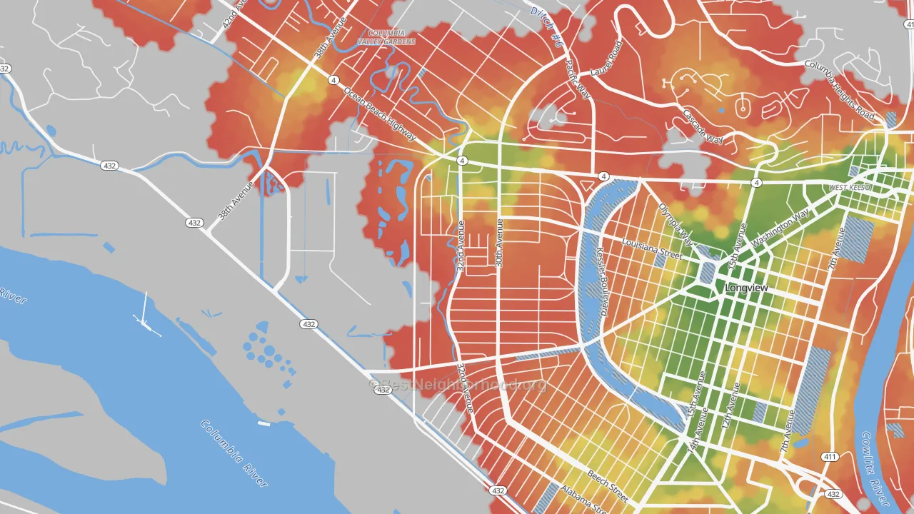 Walk Grade map of Olympic West, Longview, WA, walkable areas in green and car-dependent areas in red