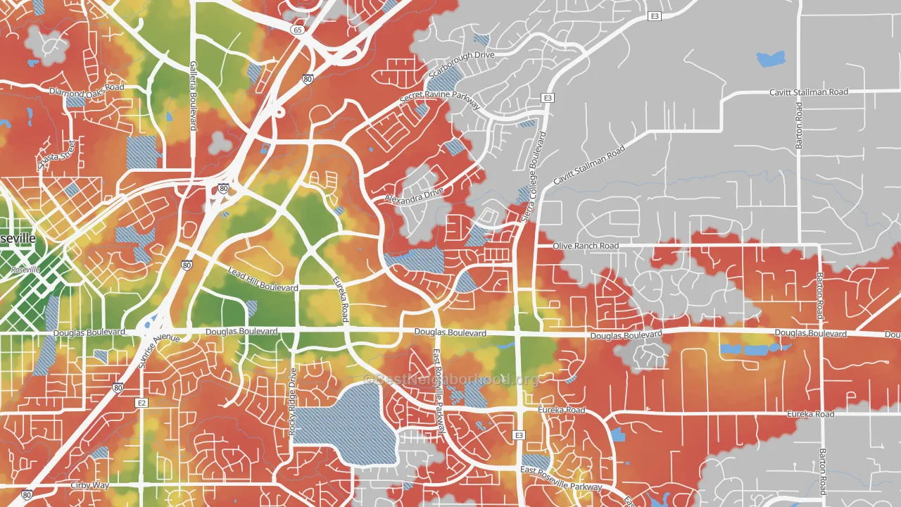 Walk Grade map of Olympus Pointe, Roseville, CA, walkable areas in green and car-dependent areas in red