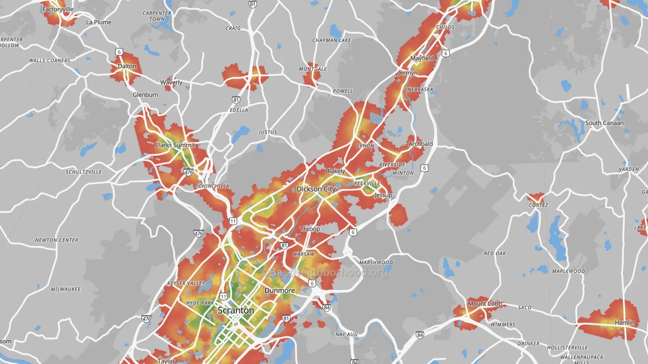 Walk Grade map of Olyphant, PA, walkable areas in green and car-dependent areas in red