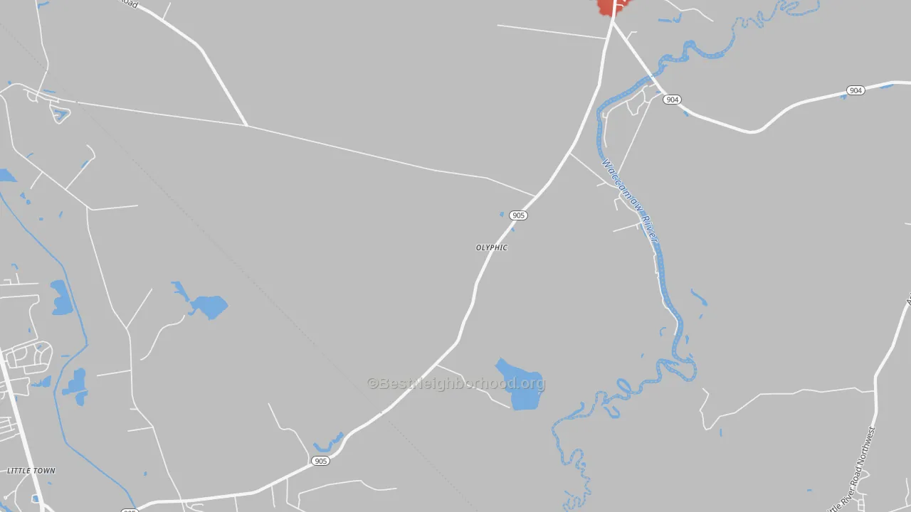 Walk Grade map of Olyphic, NC, walkable areas in green and car-dependent areas in red