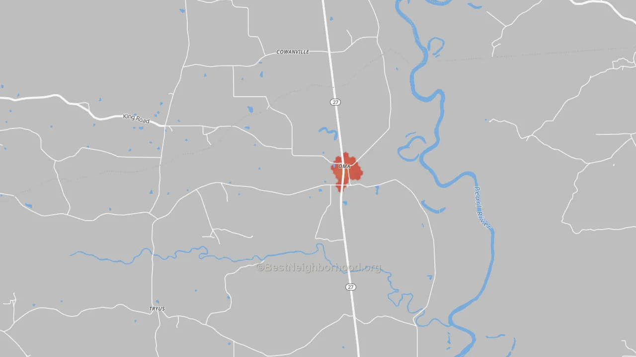 Walk Grade map of Oma, MS, walkable areas in green and car-dependent areas in red