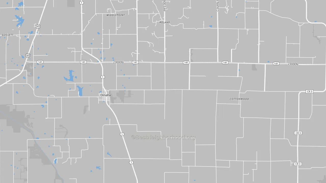 Walk Grade map of Omaha, IL, walkable areas in green and car-dependent areas in red