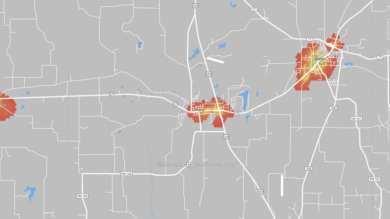 Walk Grade map of Omaha, TX, walkable areas in green and car-dependent areas in red