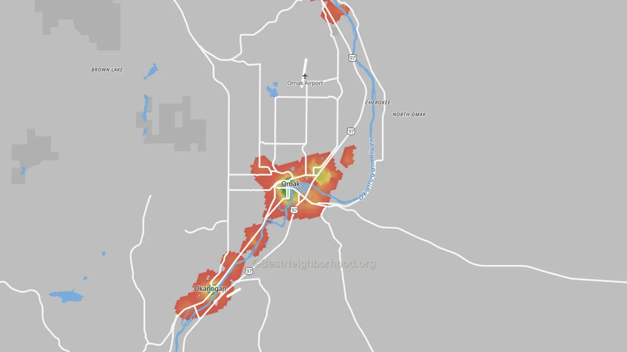 Walk Grade map of Omak, WA, walkable areas in green and car-dependent areas in red