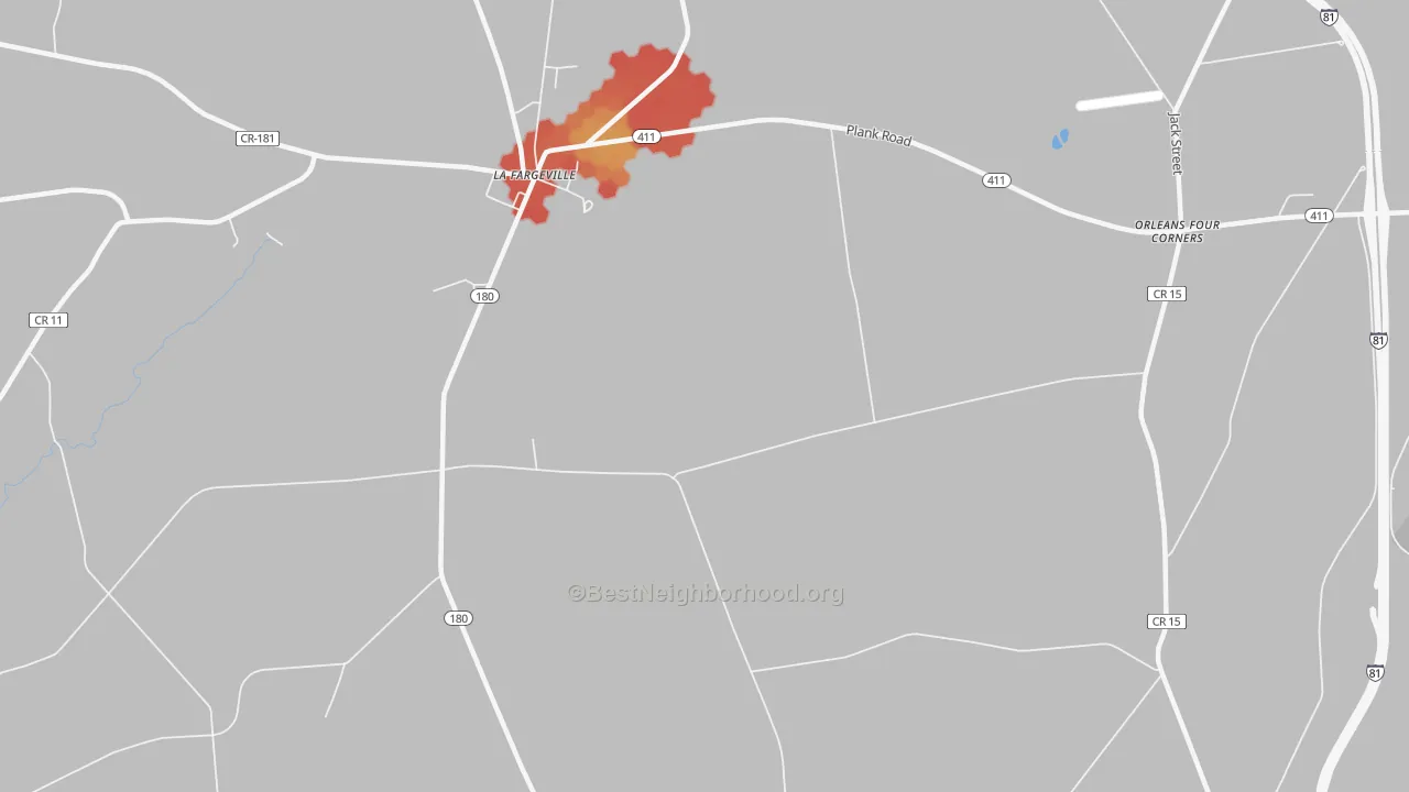 Walk Grade map of Omar, NY, walkable areas in green and car-dependent areas in red