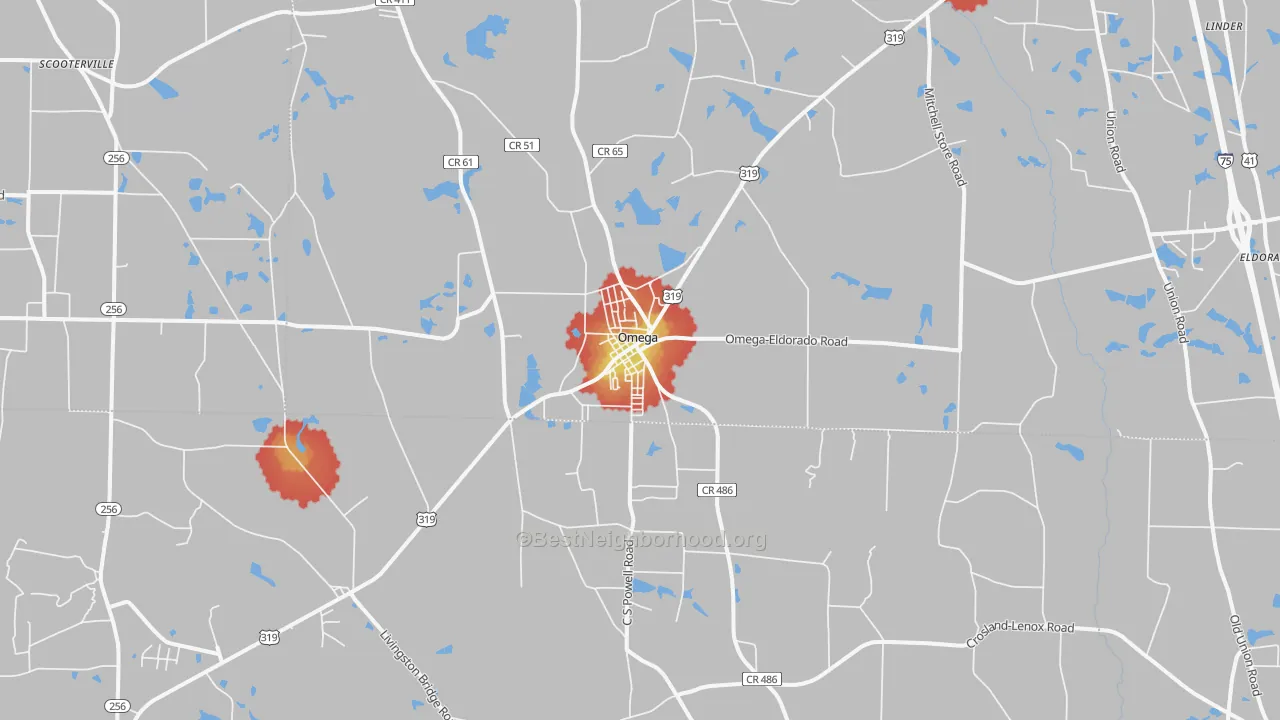 Walk Grade map of Omega, GA, walkable areas in green and car-dependent areas in red