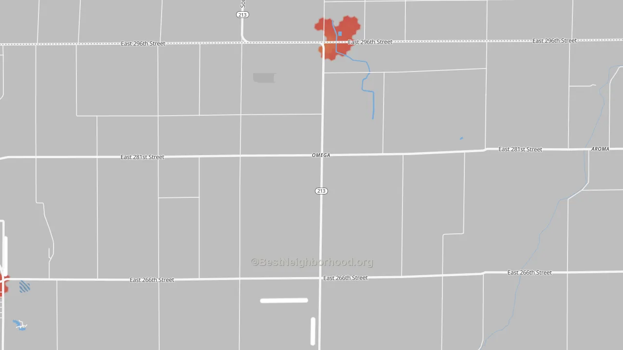 Walk Grade map of Omega, IN, walkable areas in green and car-dependent areas in red