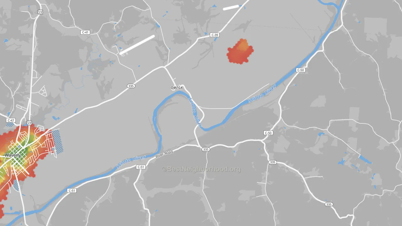 Walk Grade map of Omega, OH, walkable areas in green and car-dependent areas in red