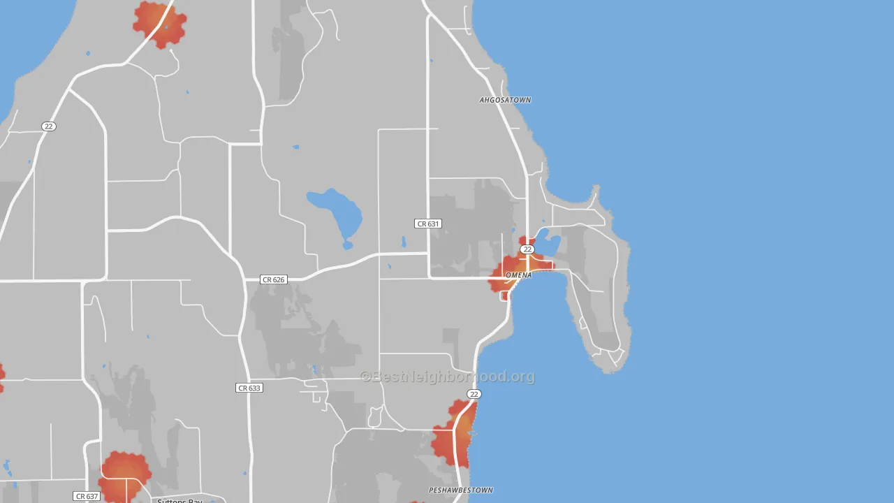 Walk Grade map of Omena, MI, walkable areas in green and car-dependent areas in red