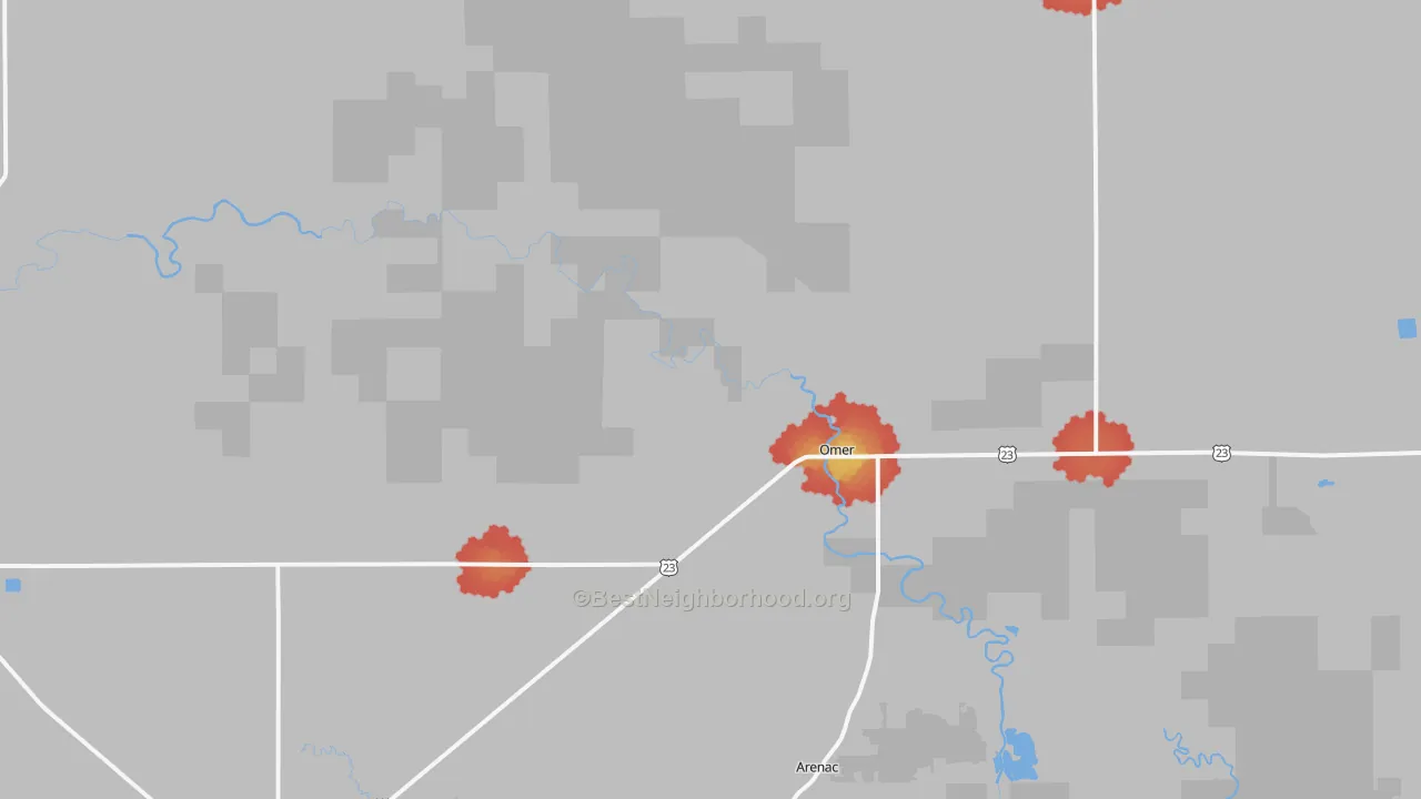 Walk Grade map of Omer, MI, walkable areas in green and car-dependent areas in red