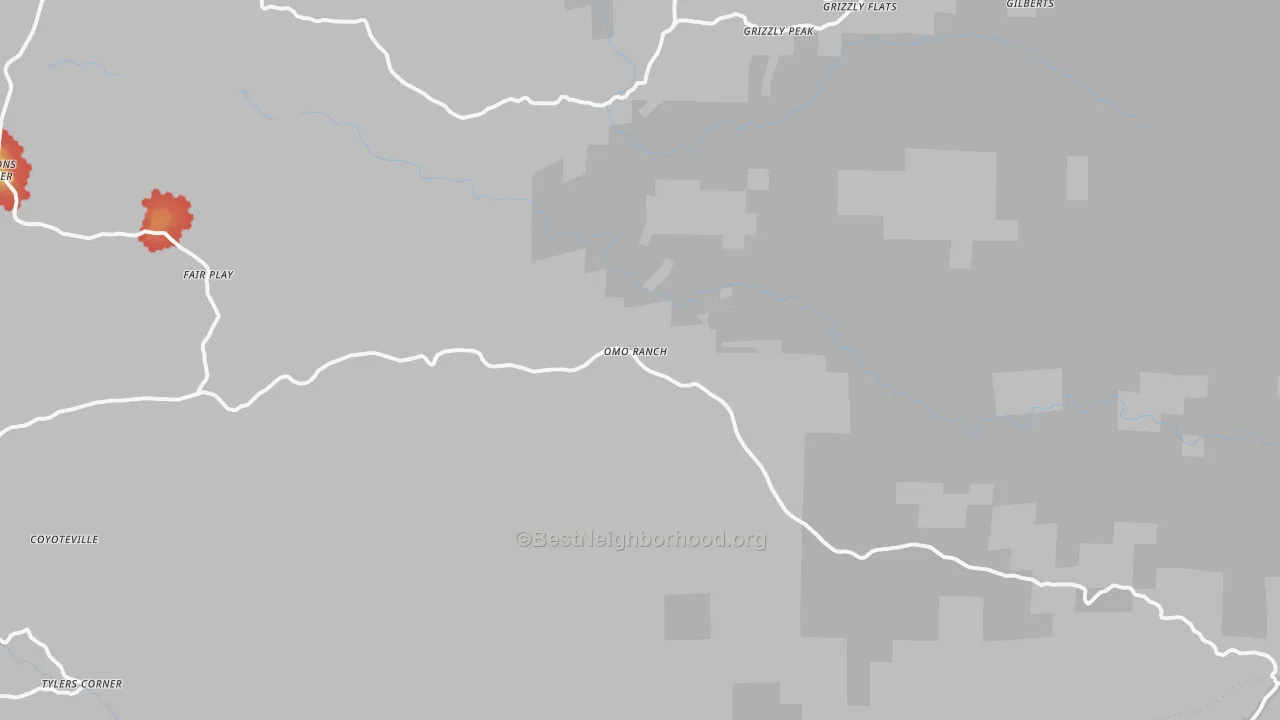 Walk Grade map of Omo Ranch, CA, walkable areas in green and car-dependent areas in red