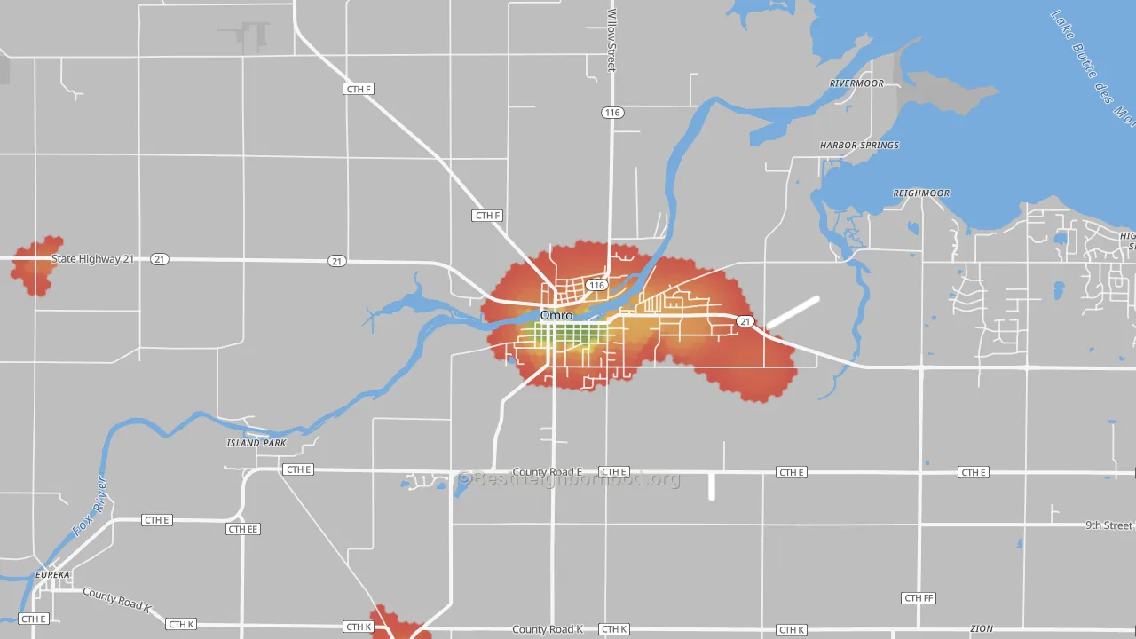 Walk Grade map of Omro, WI, walkable areas in green and car-dependent areas in red