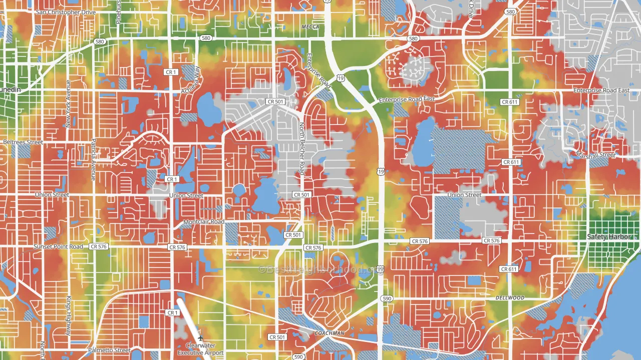 Walk Grade map of On Top of The World, Clearwater, FL, walkable areas in green and car-dependent areas in red
