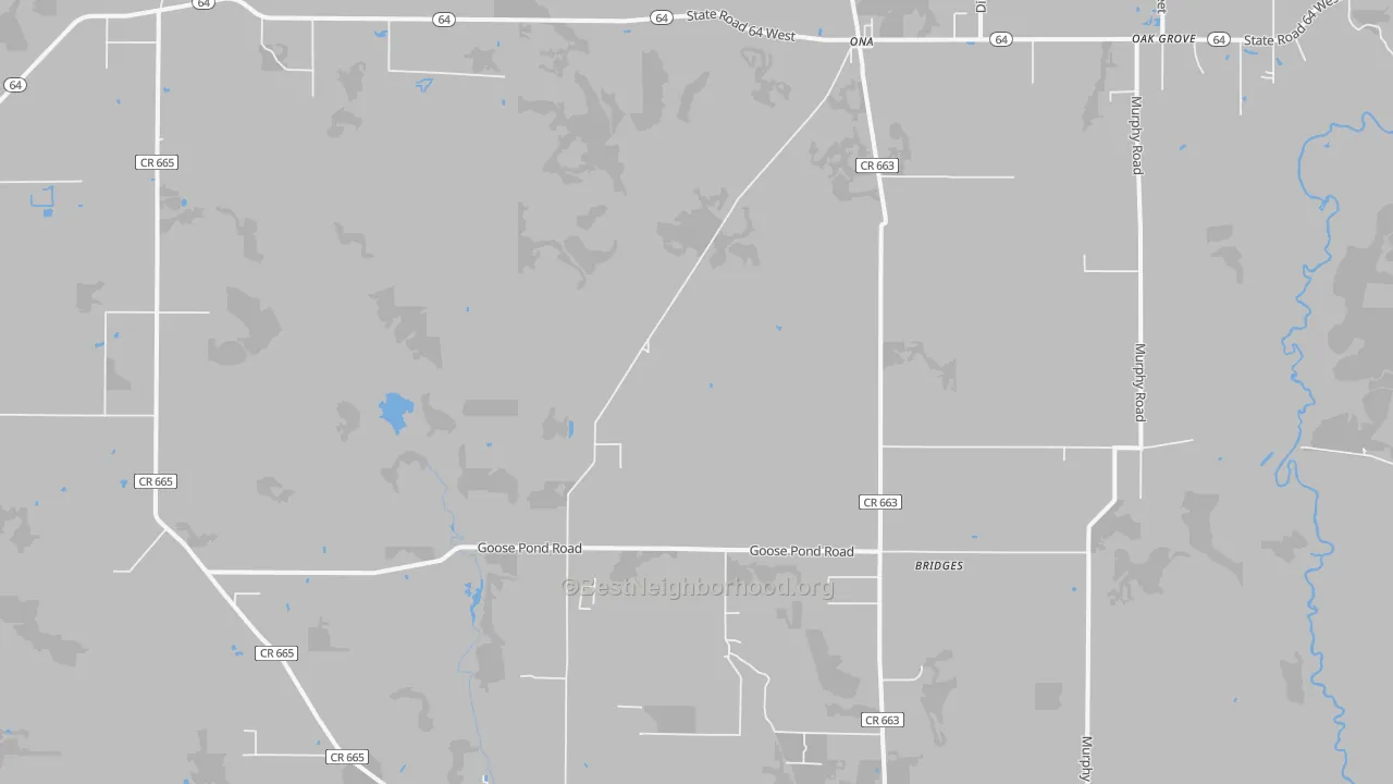 Walk Grade map of Ona, FL, walkable areas in green and car-dependent areas in red