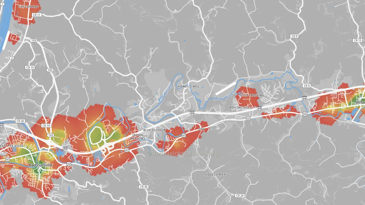 Walk Grade map of Ona, WV, walkable areas in green and car-dependent areas in red