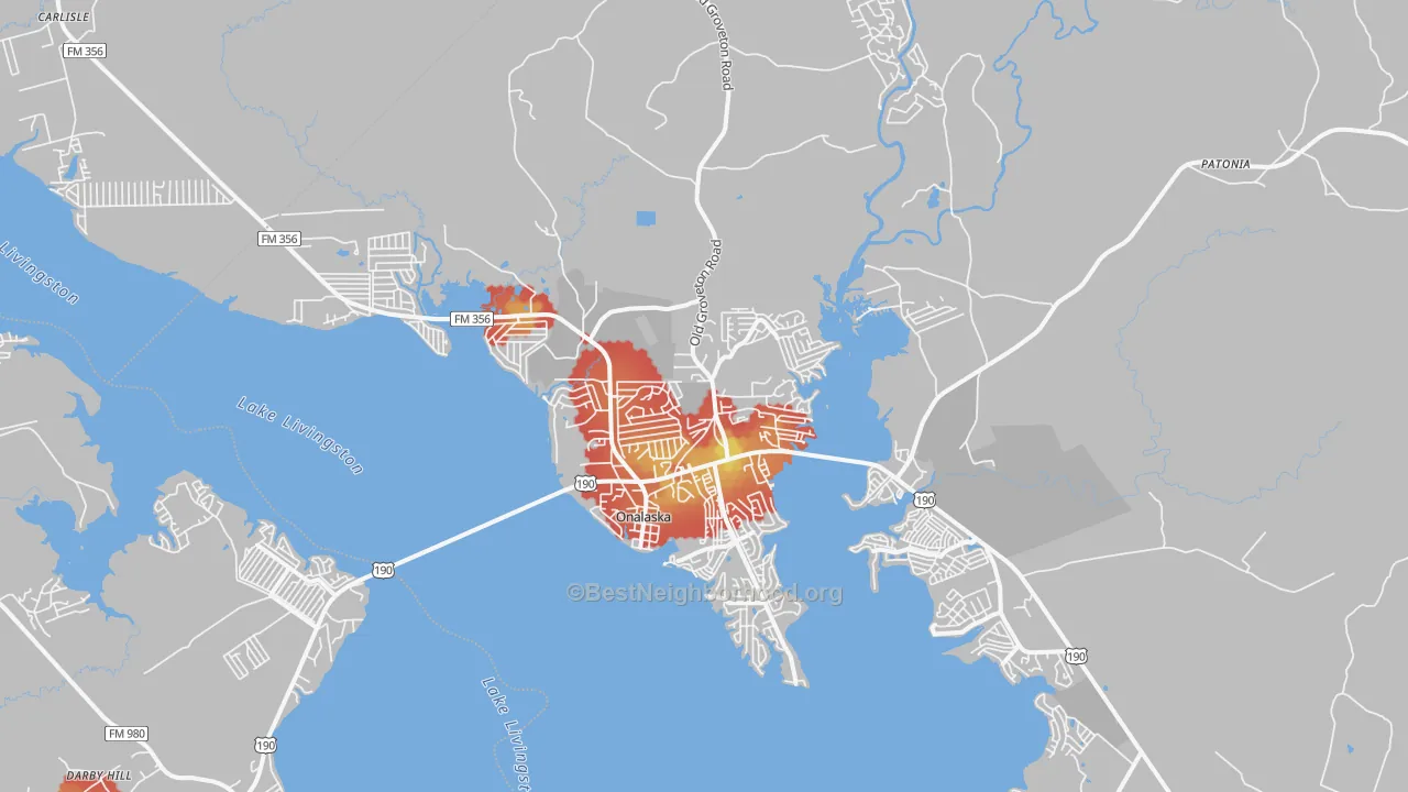 Walk Grade map of Onalaska, TX, walkable areas in green and car-dependent areas in red