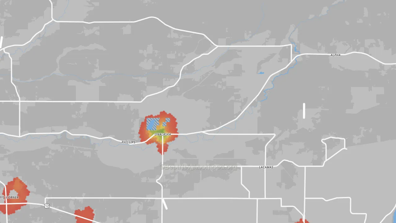 Walk Grade map of Onalaska, WA, walkable areas in green and car-dependent areas in red