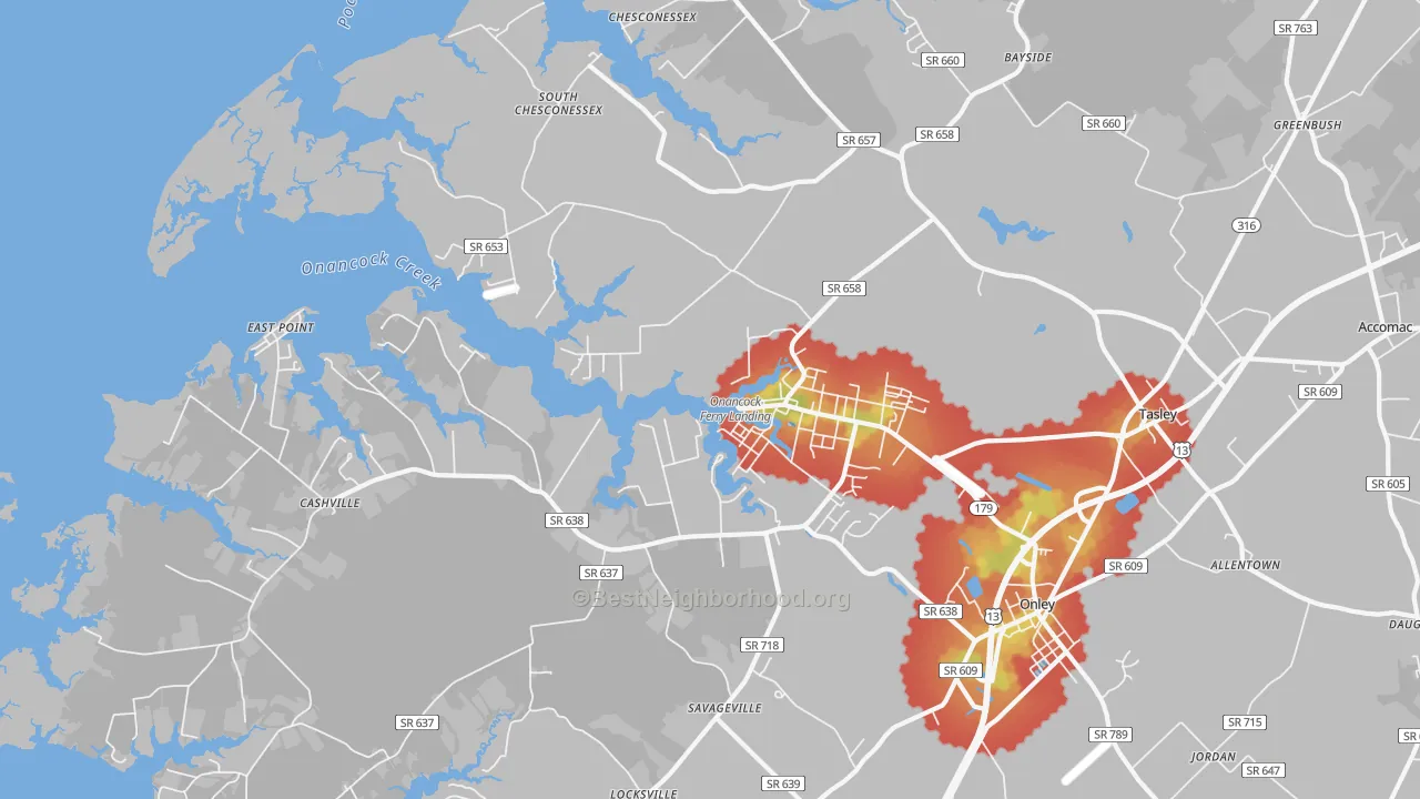 Walk Grade map of Onancock, VA, walkable areas in green and car-dependent areas in red