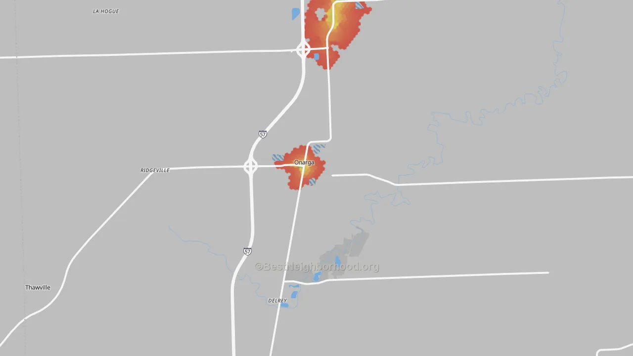Walk Grade map of Onarga, IL, walkable areas in green and car-dependent areas in red