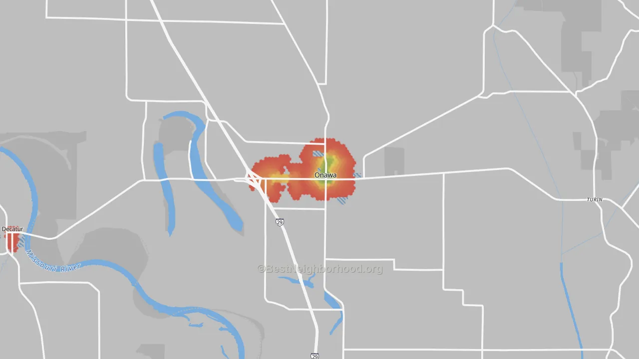 Walk Grade map of Onawa, IA, walkable areas in green and car-dependent areas in red