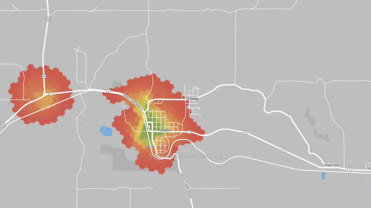 Walk Grade map of Onaway, ID, walkable areas in green and car-dependent areas in red