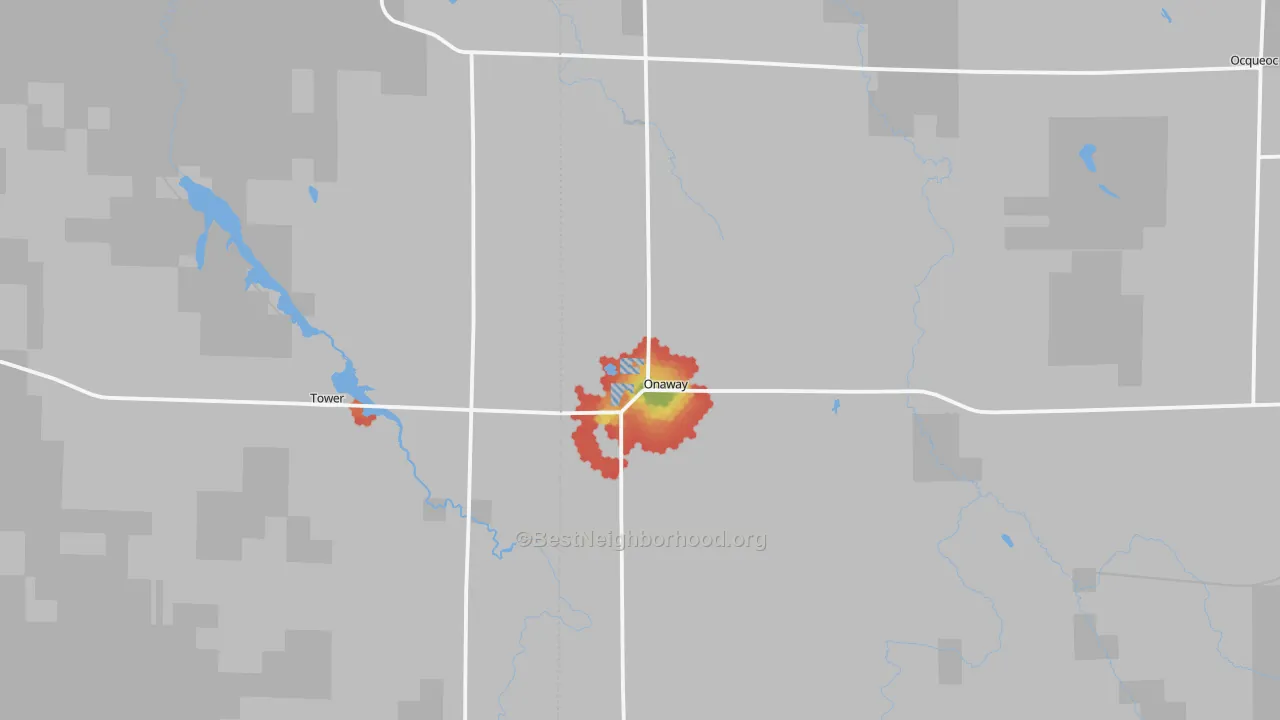 Walk Grade map of Onaway, MI, walkable areas in green and car-dependent areas in red