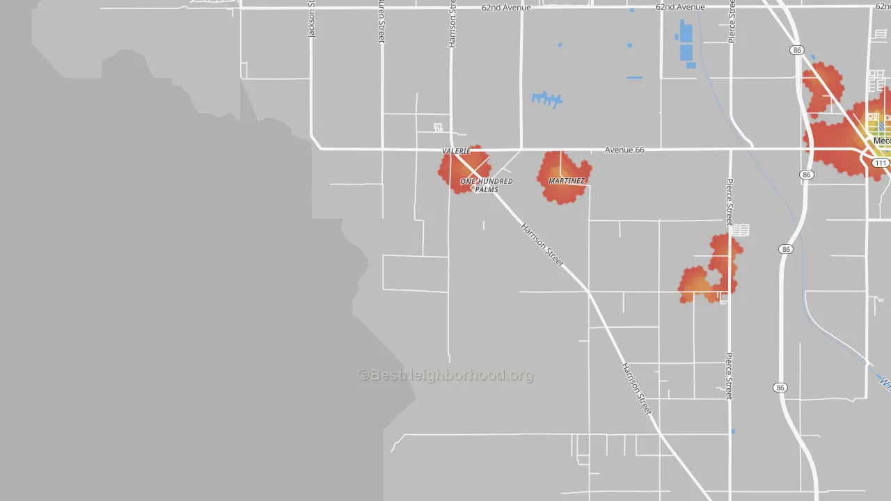 Walk Grade map of One Hundred Palms, CA, walkable areas in green and car-dependent areas in red