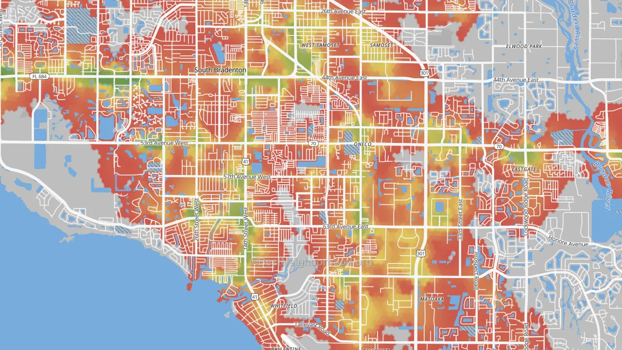 Walk Grade map of Oneco, Bradenton, FL, walkable areas in green and car-dependent areas in red