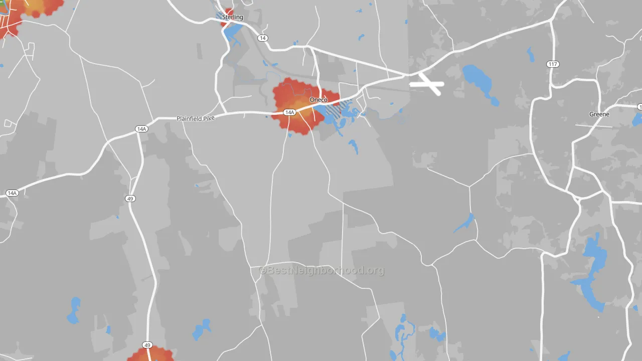 Walk Grade map of Oneco, CT, walkable areas in green and car-dependent areas in red