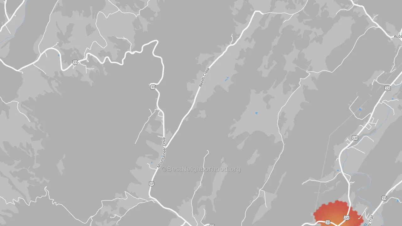 Walk Grade map of Onego, WV, walkable areas in green and car-dependent areas in red