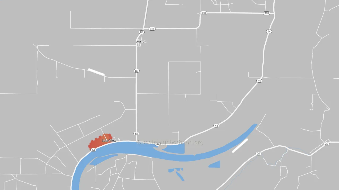 Walk Grade map of Oneida, AR, walkable areas in green and car-dependent areas in red