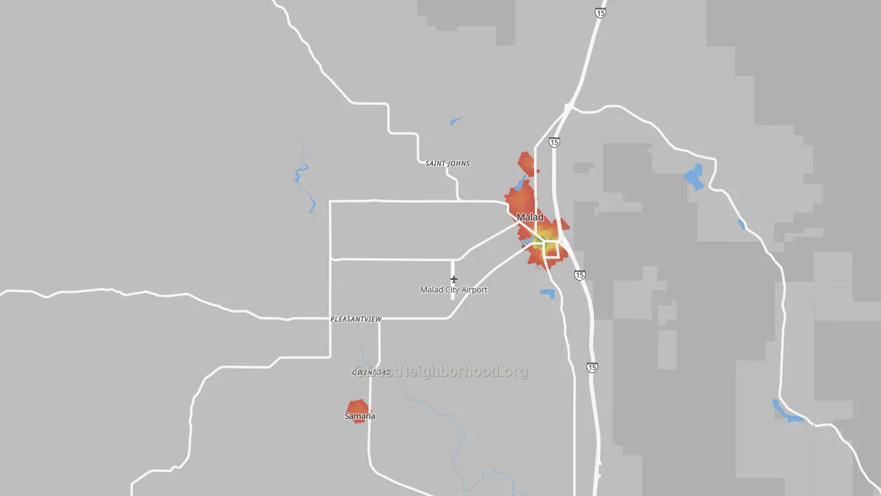 Walk Grade map of Oneida County, ID, walkable areas in green and car-dependent areas in red