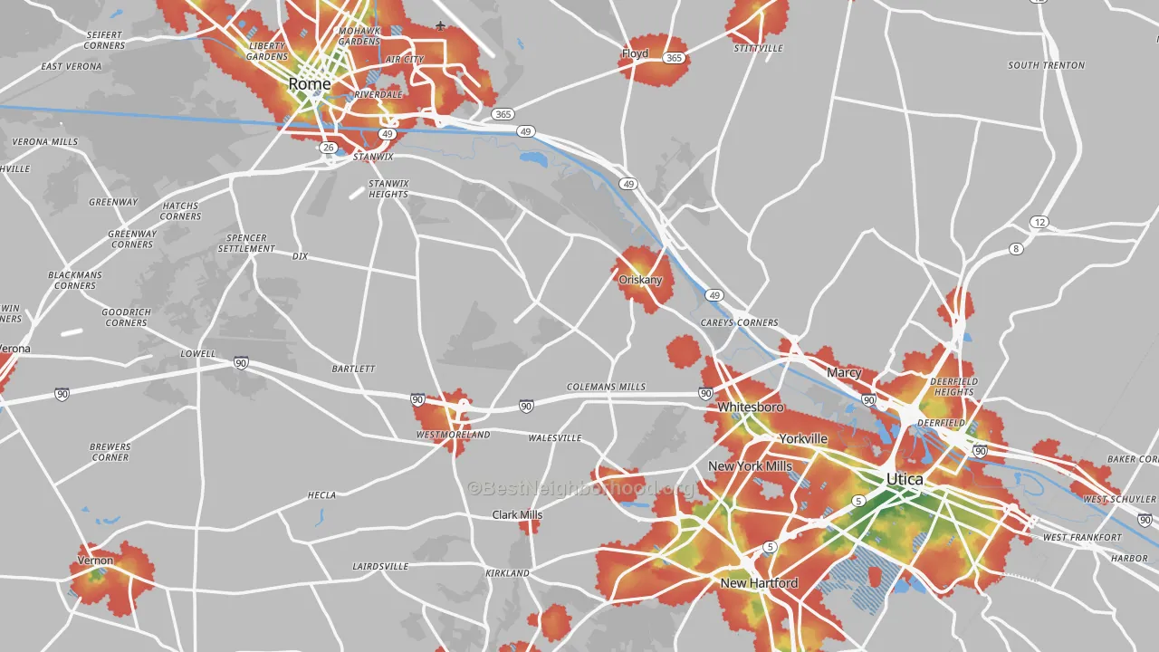 Walk Grade map of Oneida County, NY, walkable areas in green and car-dependent areas in red