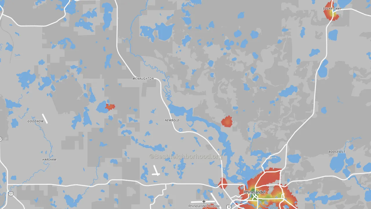 Walk Grade map of Oneida County, WI, walkable areas in green and car-dependent areas in red