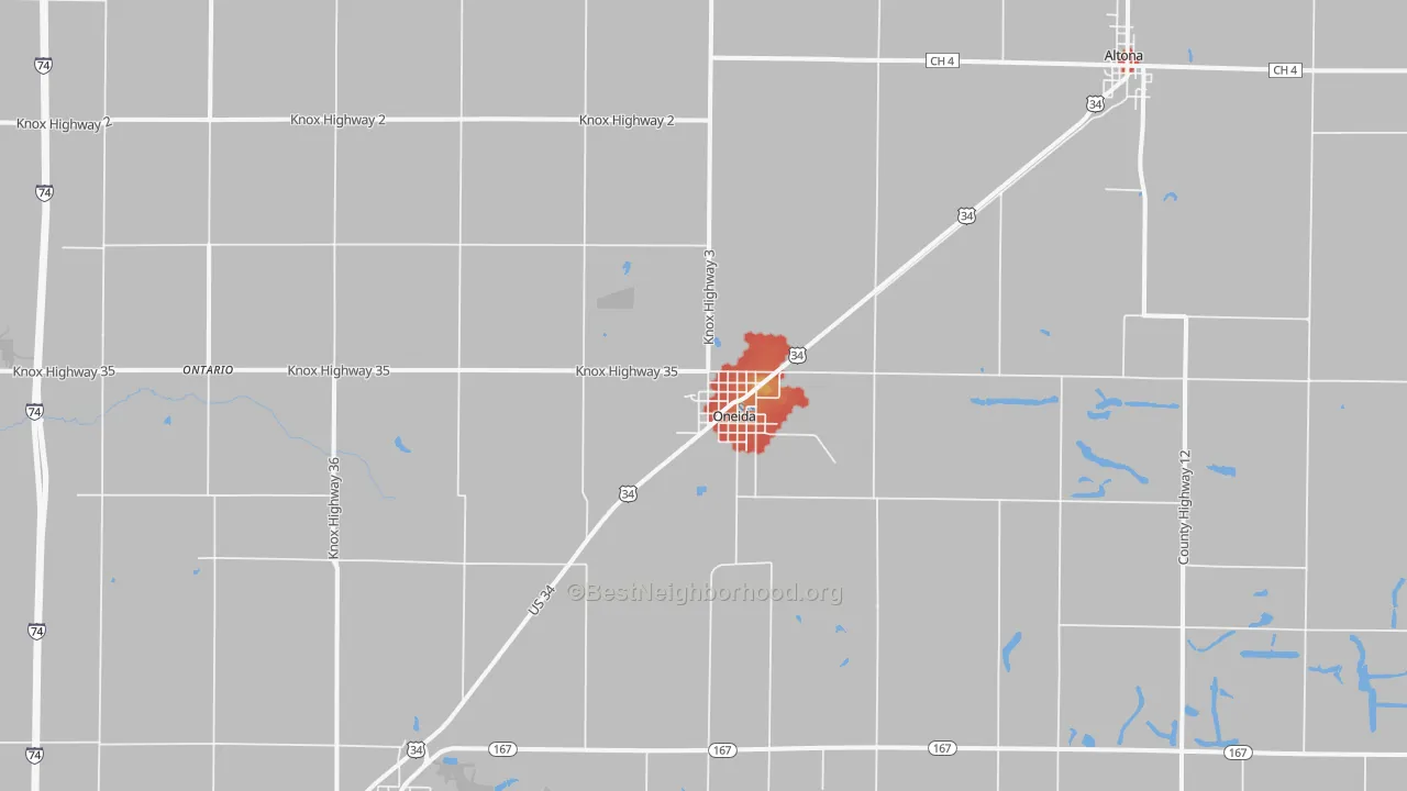 Walk Grade map of Oneida, IL, walkable areas in green and car-dependent areas in red