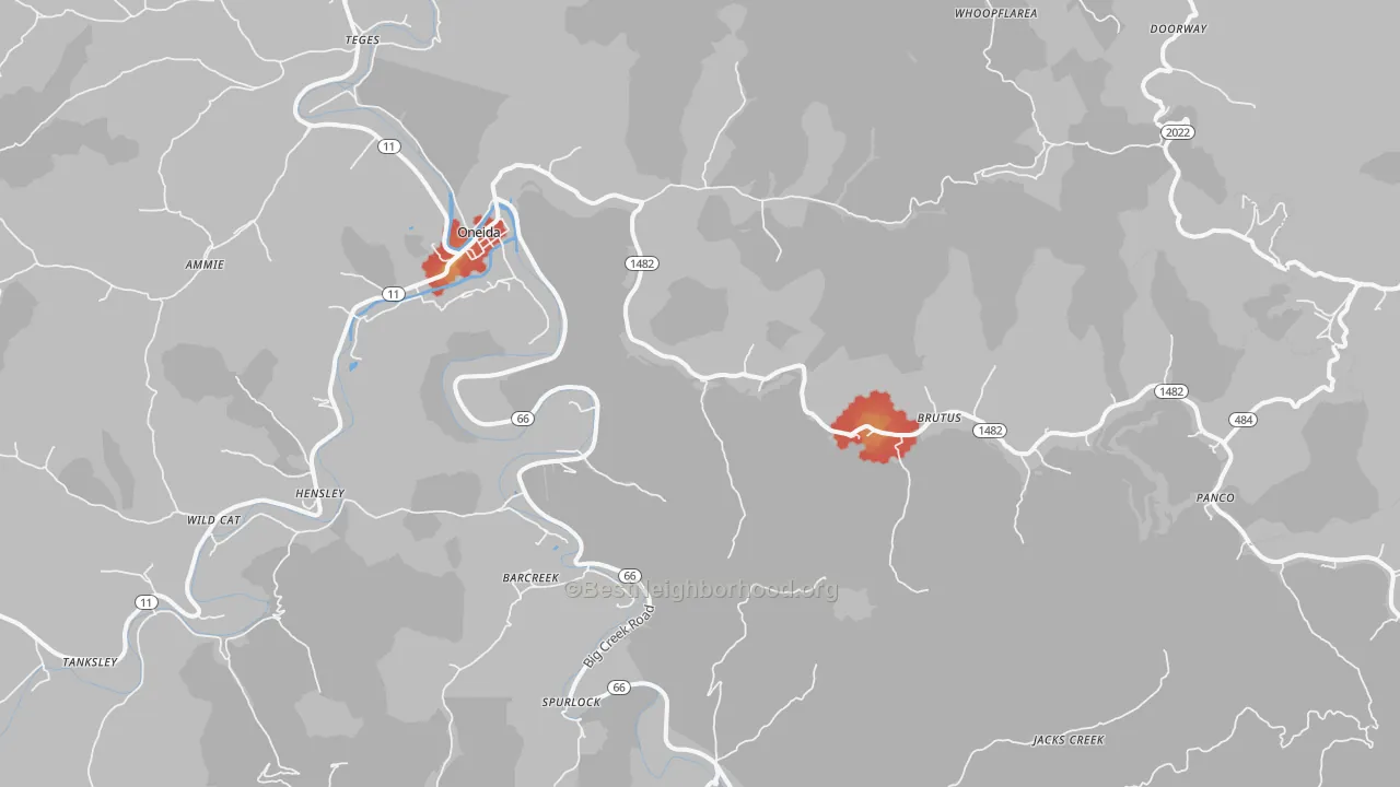 Walk Grade map of Oneida, KY, walkable areas in green and car-dependent areas in red