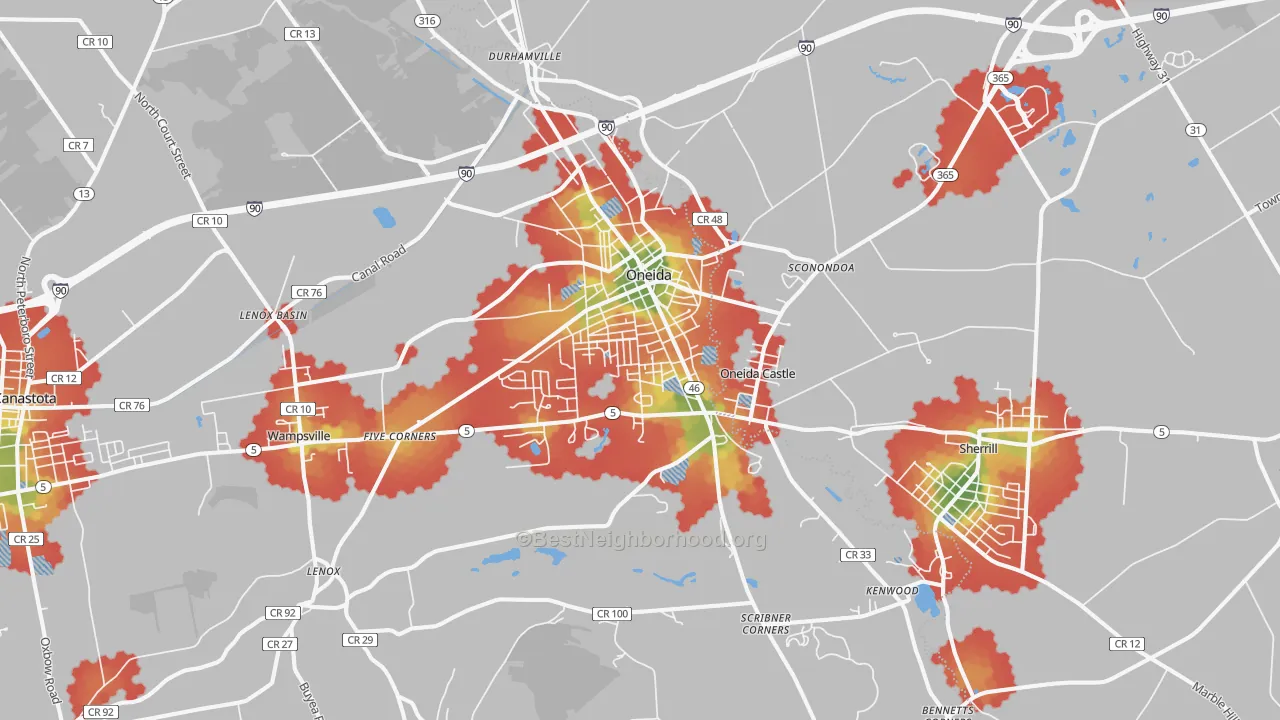 Walk Grade map of Oneida, NY, walkable areas in green and car-dependent areas in red