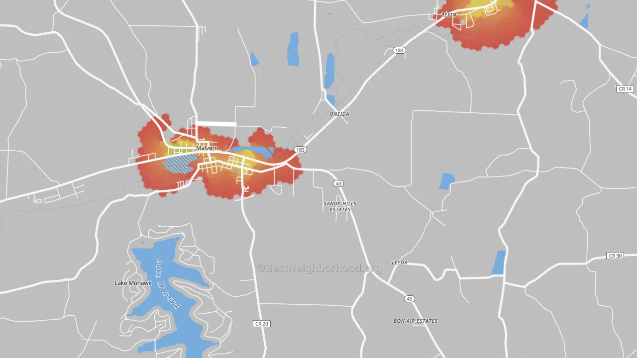 Walk Grade map of Oneida, OH, walkable areas in green and car-dependent areas in red