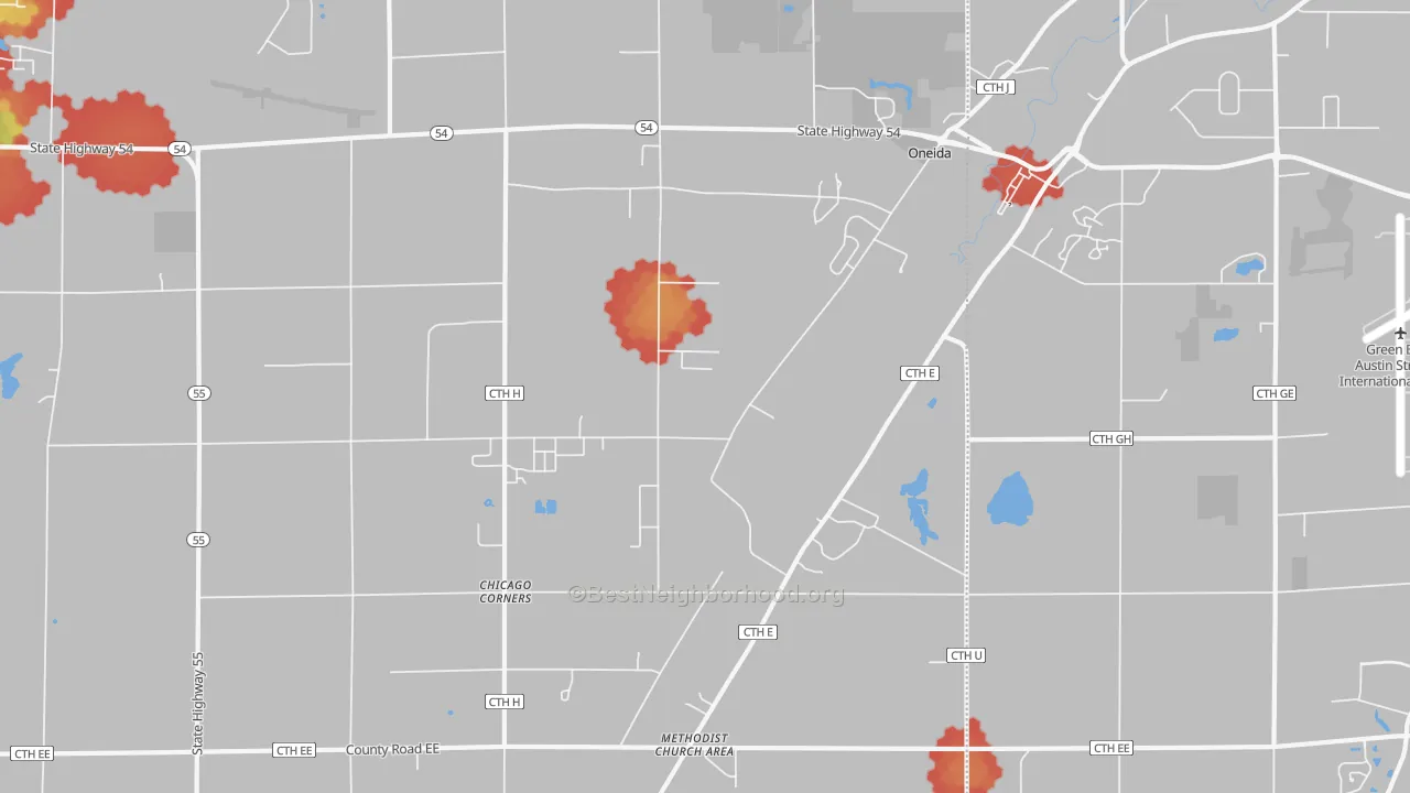 Walk Grade map of Oneida, WI, walkable areas in green and car-dependent areas in red